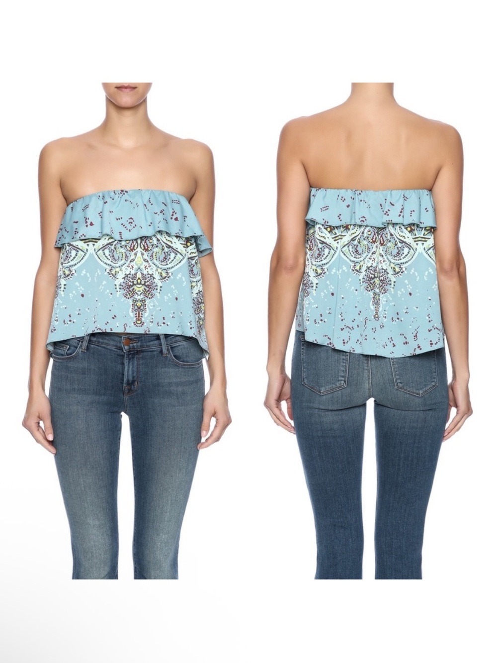Free People Intimately Strapless Ruffle Paisley Boho Top - Light Blue Size Large